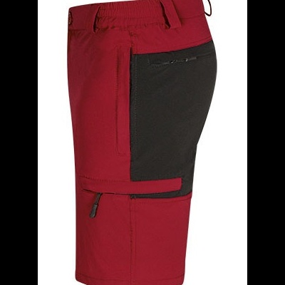 Calção bicolor vermelho e preto com bolso e cinto elástico