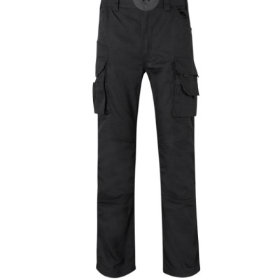 Calças de trabalho pretas com vários bolsos e cintura elástica