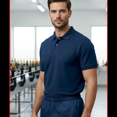 Homem com polo azul escuro e calças azuis em ambiente industrial