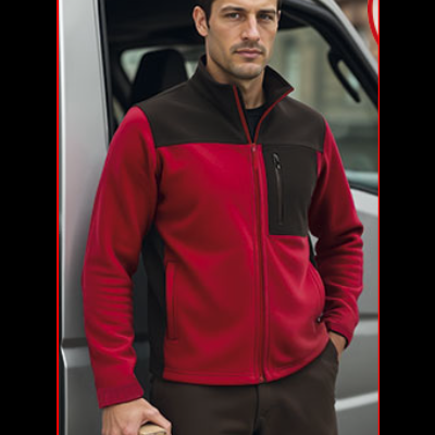 Homem com camisola polar vermelha e castanha junto a carrinha branca