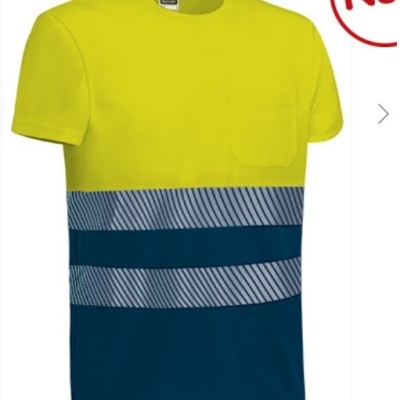 T-shirt bicolor amarelo e azul com faixas reflexivas