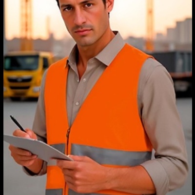 Homem de colete refletor laranja com faixas cinzentas, escrevendo numa prancheta em estaleiro de construção