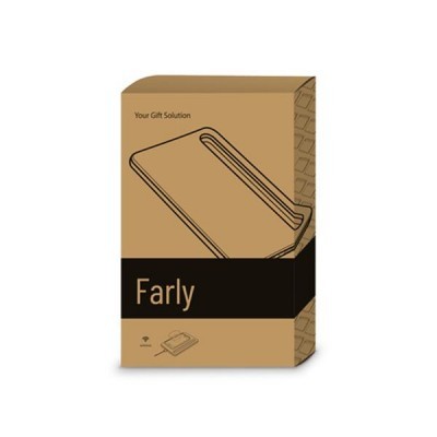 Embalagem castanha com nome Farly e desenho de suporte para dispositivos.