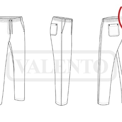 Desenho técnico de calças com bolsos e cordão na cintura