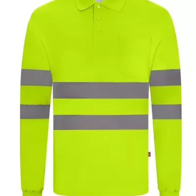 Polo amarelo fluorescente com faixas refletivas cinza