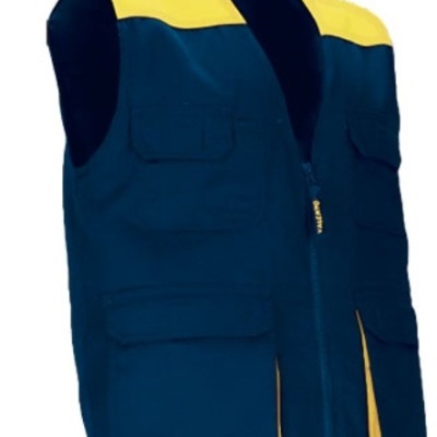 Colete de trabalho azul escuro com detalhes amarelos e múltiplos bolsos