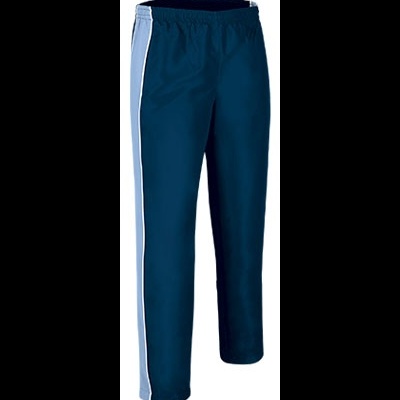 Calça desportiva azul escura com faixa branca lateral e cós elástico
