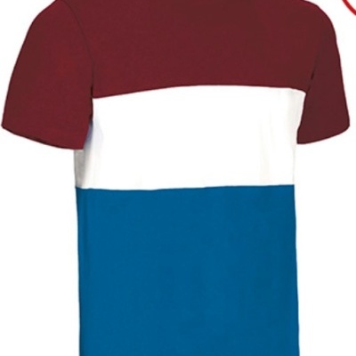 Camiseta tricolor de manga curta com vermelho, branco e azul