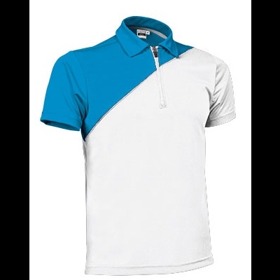 Polo de manga curta azul turquesa e branco com fecho de correr