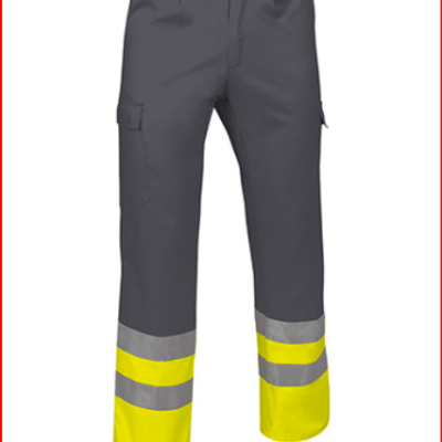 Calças de trabalho cinza com faixas refletoras amarelas