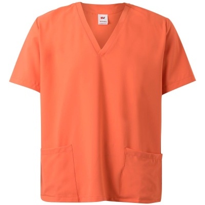 T-shirt laranja com decote em V e duas bolsas frontais