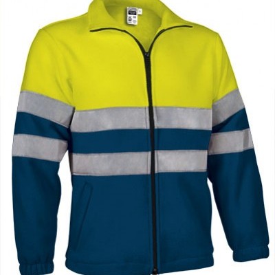 Casaco de alta visibilidade verde fluorescente e azul escuro com faixas reflexivas cinzentas