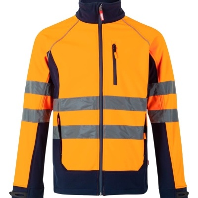 Casaco de alta visibilidade laranja e azul com faixas reflexivas e fechos