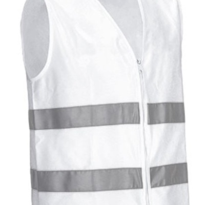 Colete refletor branco com faixas cinza e fecho de correr
