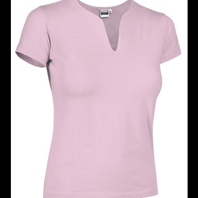 Camiseta feminina rosa clara com decote em V e manga curta