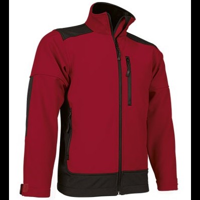 Casaco softshell vermelho com detalhes pretos e fechos.