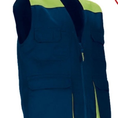 Colete de trabalho azul com detalhes verdes e vários bolsos