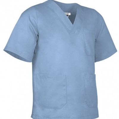 Bata médica azul clara com mangas curtas e três bolsos