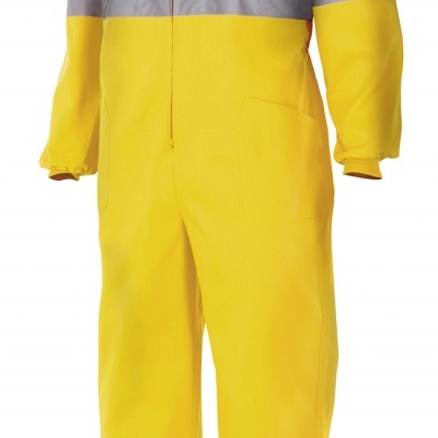 Macacão de trabalho amarelo com faixas refletores cinza