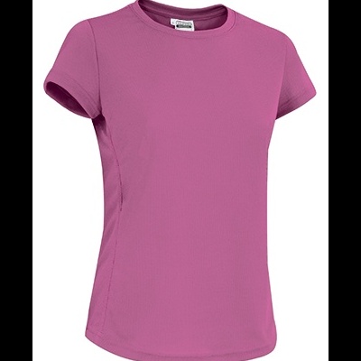 T-shirt feminina rosa de manga curta com gola redonda, vista frontal