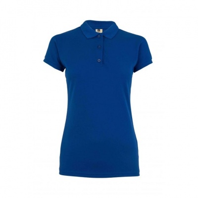 Polo feminino azul royal de manga curta e gola com três botões
