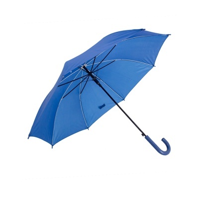 Guarda-chuva azul com estrutura metálica e cabo curvo