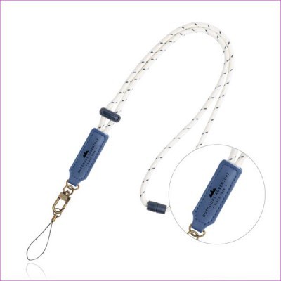Cordão branco com detalhes azuis e fecho metálico para pendurar telefone