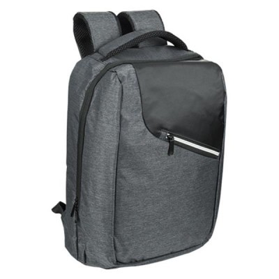 Mochila cinzenta e preta com bolso frontal e alças acolchoadas