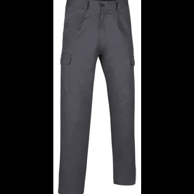 Calças cargo cinzentas com bolsos laterais e fecho de botão