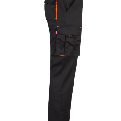 Calças de trabalho pretas com bolsos laterais grandes e pequenos e detalhes em laranja