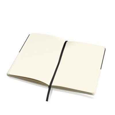 Caderno aberto com páginas em branco e marcador preto