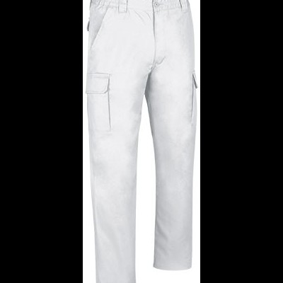 Calças de trabalho brancas com bolsos laterais e fecho de botão