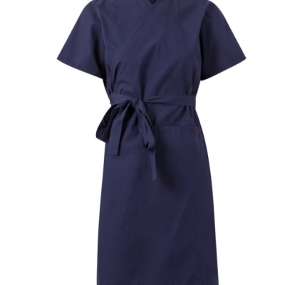 Vestido profissional azul escuro com cinto e gola em V