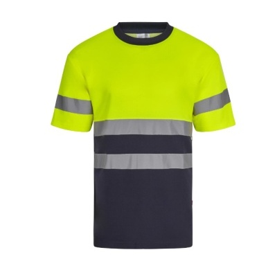Camiseta de alta visibilidade amarelo fluorescente com faixas refletoras cinzentas e parte inferior azul escuro