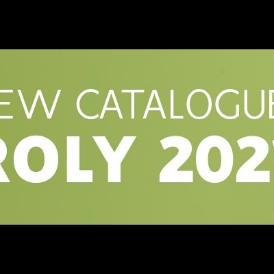 Texto NEW CATALOGUE ROLY 2021 em fundo verde