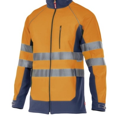 casaco softshell alta visibilidade laranja e azul escuro com faixas refletoras