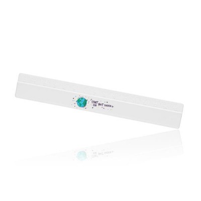 Régua branca com texto e desenho de planeta azul e verde