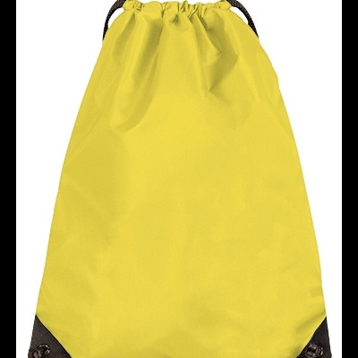 Mochila saco amarelo com cantos pretos e cordões pretos