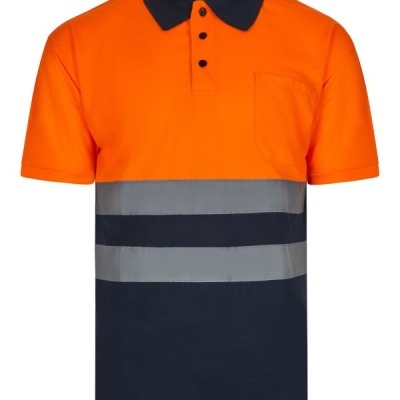 Polo de trabalho bicolor laranja e azul escuro com faixas refletoras cinza