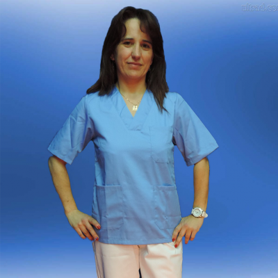 Blusa médica azul clara manga curta gola em V com bolsos