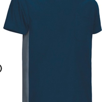 T-shirt azul escuro com painéis laterais cinzentos e bolso frontal