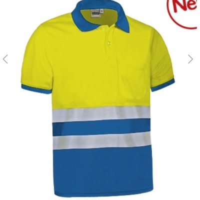 Polo de trabalho amarelo e azul com faixas refletoras e bolso