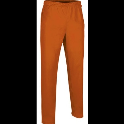Calças laranja com cintura elástica, tecido liso, sem padrões visíveis
