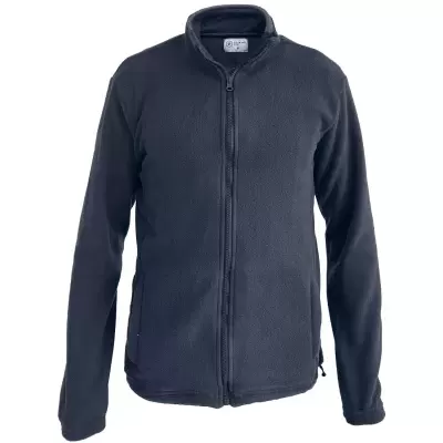 Casaco fleece azul escuro com fecho de correr e gola alta.