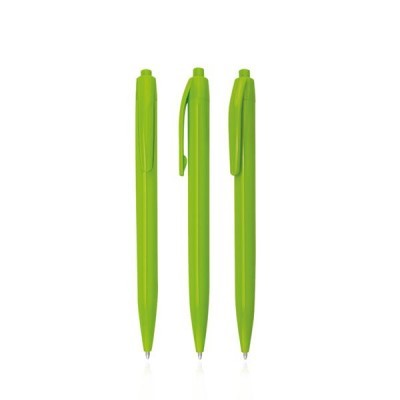 Três canetas verdes de plástico com mecanismo de clique e clip