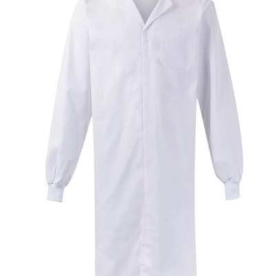 Bata branca de manga comprida com fecho frontal oculto e punhos elásticos