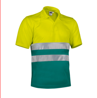 Polo de trabalho bicolor amarelo e verde com faixas refletoras prateadas