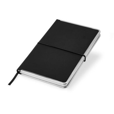 Caderno preto com elástico e bordas prateadas