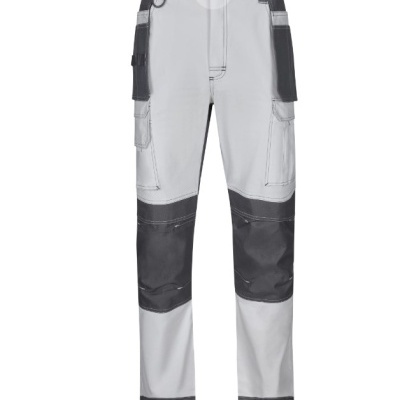 calças de trabalho bicolor cinza claro e escuro com bolsos e reforços