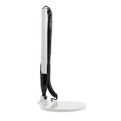 Telefone fixo branco e preto com base redonda branca